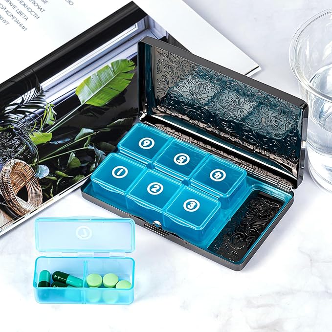 Pill Organizer, Pill Box 7 Day/Metal Travel Pill Case, BPA Free. (Black)