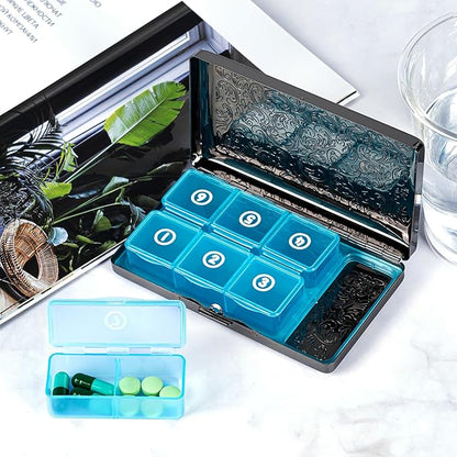 Pill Organizer, Pill Box 7 Day/Metal Travel Pill Case, BPA Free. (Black)