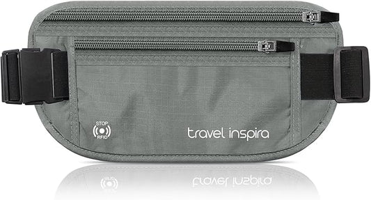 travel inspira Travel Money Belt with Slim Anti-Theft RFID Blocking Passport Holder for Travel Concealed under Clothes for Ultimate Protection of Credit Cards, Cash, Passport & Documents, Grey