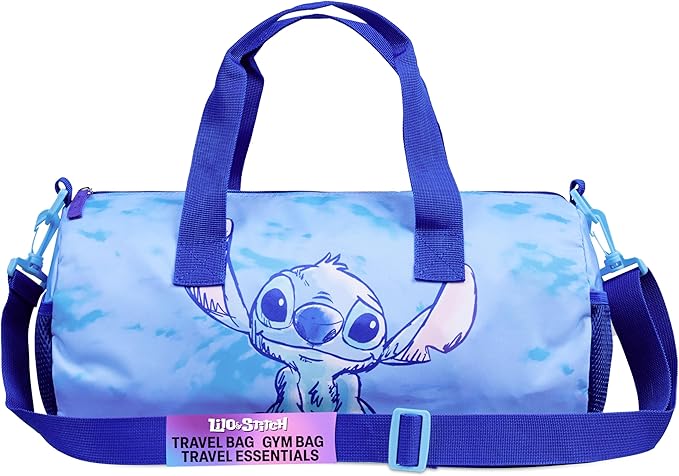 Disney Stitch Kids Duffel Bag, 15x8” Small Travel Bag with Adjustable Strap for Gym, Sports, Overnight Duffle, School Essentials, Gifts for Kids (Blue Stitch)