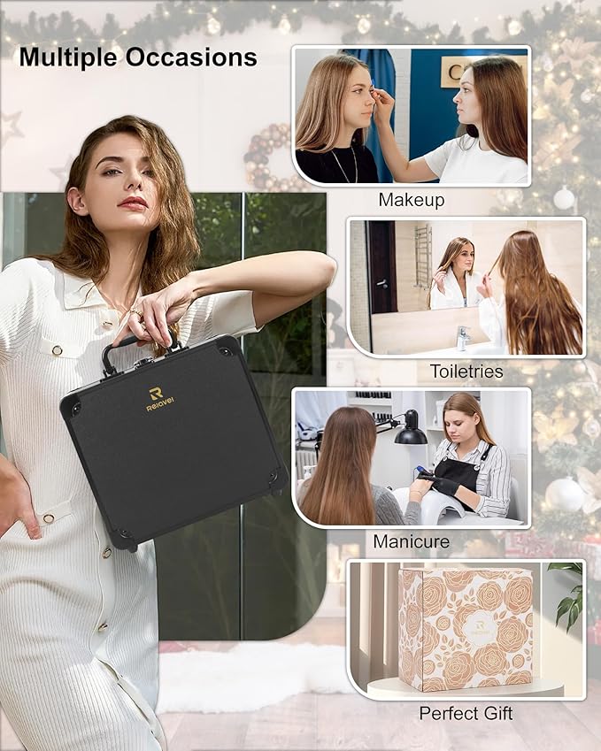 Relavel Makeup Bag with LED Mirror, Makeup Box Travel Train Case with Rechargeable Lighted Mirror & Adjustable Dividers, Cosmetic Brush Organizer Storage for Makeup Artists Gifts for Women and Girls