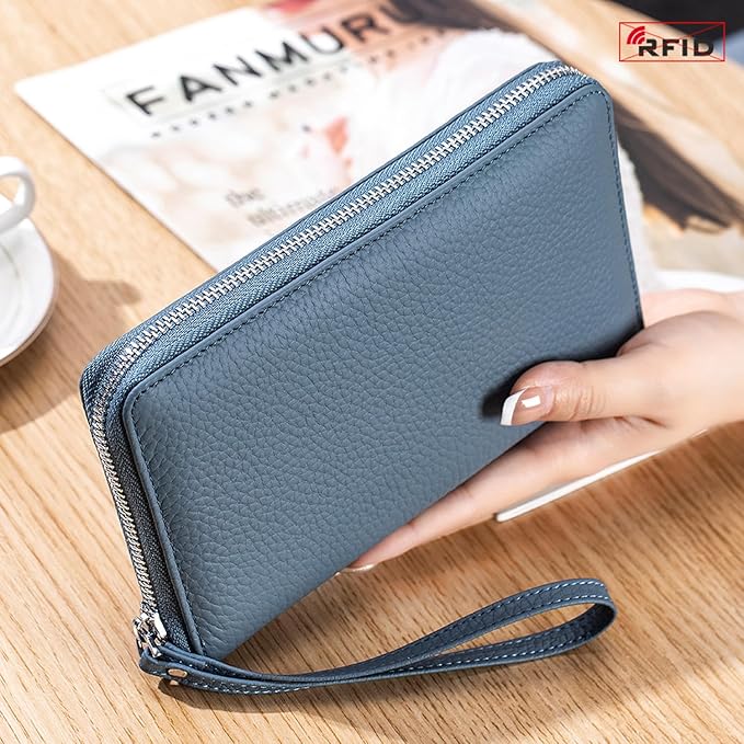 Leather Travel Wallet, RFID passport wallet for travel, with Zippered Pocket and Cash Slot, for Secure Traveling and Documentation Organizer（Denim blue）