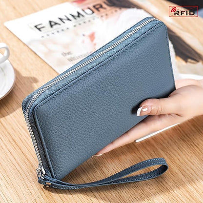 Leather Travel Wallet, RFID passport wallet for travel, with Zippered Pocket and Cash Slot, for Secure Traveling and Documentation Organizer（Denim blue）