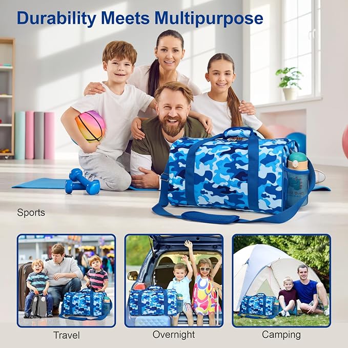 Bagseri Travel Duffle Bag Boys - Waterproof Kids Gym Sports Bag for Overnight Sleepover Bag with Shoe Compartment and Dry Wet Separation Pockets (Blue Camo)