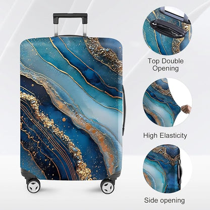 FOREVER QUEEN Luxury Golden Blue Marble Luggage Cover Suitcase Protector Suitcase Cover Anti-Scratch,Stretchable Bag Cover Washable Durable Polyester
