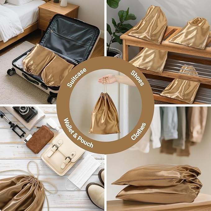 Ewen 7 Pack Satin Drawstring Bags Dustproof, 11.8x15.7in Small Dustbags for Handbags Shoes Storage with Blank Tags, Travel Essentials Packing Bag Purse Organizers for Closet Home Jewelry Organization