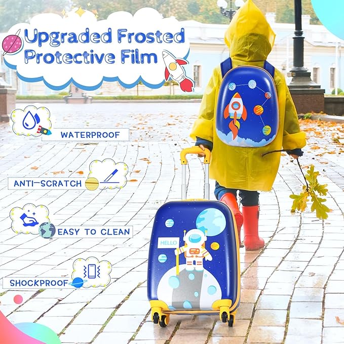 KOTEK Kids Carry On Luggage Set, 16" Hardside Rolling Suitcase with Spinner Wheels, Travel Rolling Luggage for Boys Girls (Spaceman)