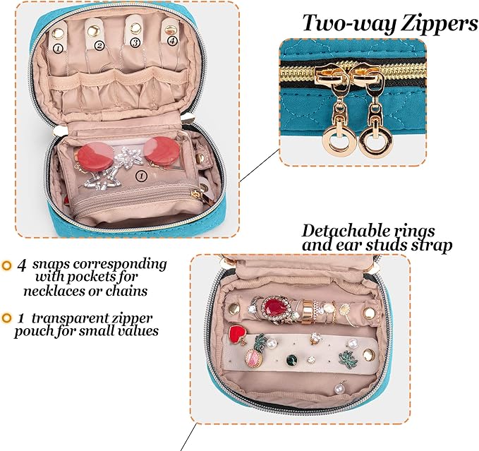 Teamoy Mini Jewelry Travel Case, Storage Organizer Bag for Earrings, Necklace, Rings, Teal