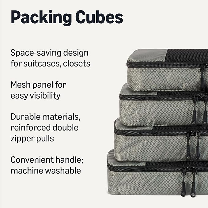 Amazon Essentials 4-Piece Packing Cubes Travel Accessories Set, Luggage Organizer with Double Zipper, Mesh Top, 100% Polyester, Slim, Gray (Previously Amazon Basics)