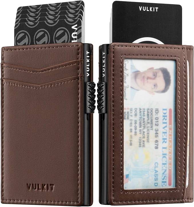VULKIT Men's Wallet with ID Window Premium Leather Wallets RFID Blocking Minimalist Wallet Pop Up Card Holder Magnetic Closure