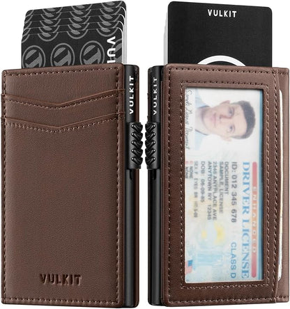 VULKIT Men's Wallet with ID Window Premium Leather Wallets RFID Blocking Minimalist Wallet Pop Up Card Holder Magnetic Closure