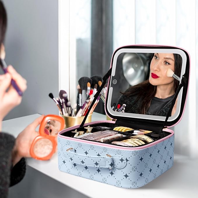 Travel Makeup Bag With 360° rotating LED Mirror,Waterproof cosmetic organizer,Portability Cosmetic case,Makeup organizer,Gift for Women,Girls Gift (Blue+Pink)