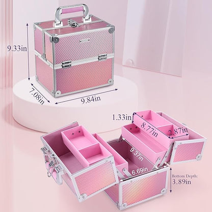 Frenessa Makeup Case Makeup Box Cosmetic Organizer Case Portable Make Up Artist Travel Case Storage Box 4 Trays with Dividers Lockable Hard Train Case Nail Tech Supply Storage Mermaid Pink
