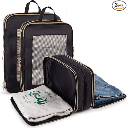 Expandable Double-Sided Compression Packing Cube，3 Set Lightweight Double Deck Organizer Bag Carry on Luggage Backpack Suitcases，Women Travel Accessories for Separate Clean and Dirty Clothes