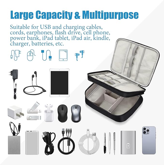 SELLYFELLY Electronics Travel Organizer, Double Layer Cable Organizer Bag Watreproof Electronics Accessories Storage Bag for Cord, Charger, Phone, Power Bank, Hard Drive