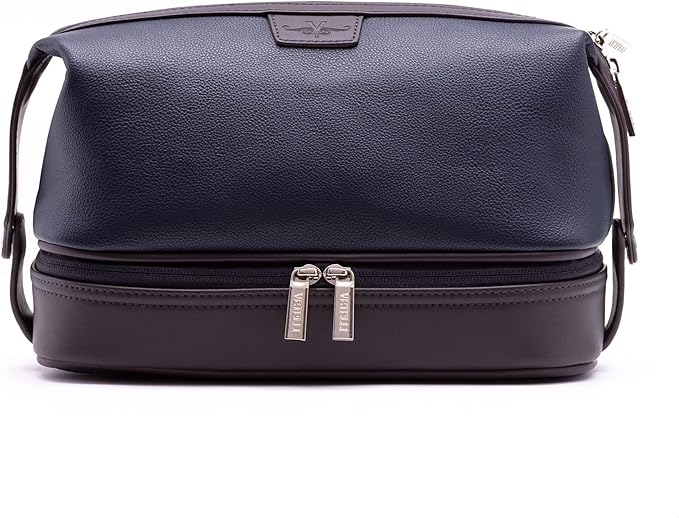 Vetell Leo Large Leather Men's Travel Toiletry and Shaving Case Bag with Upper and Lower Zippered Compartments, 3 Interior Loops and Carrying Handles