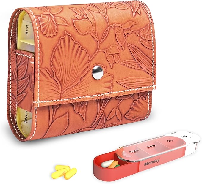 Pill Organizer,LIZIMANDU Weekly Travel Pill Case Box Medication Reminder Daily AM PM, Day Night 7 Compartments,for 4 Times A Day, 7 Days a Week-Includes Leather PU Carrying Case(1-Carved Brown)