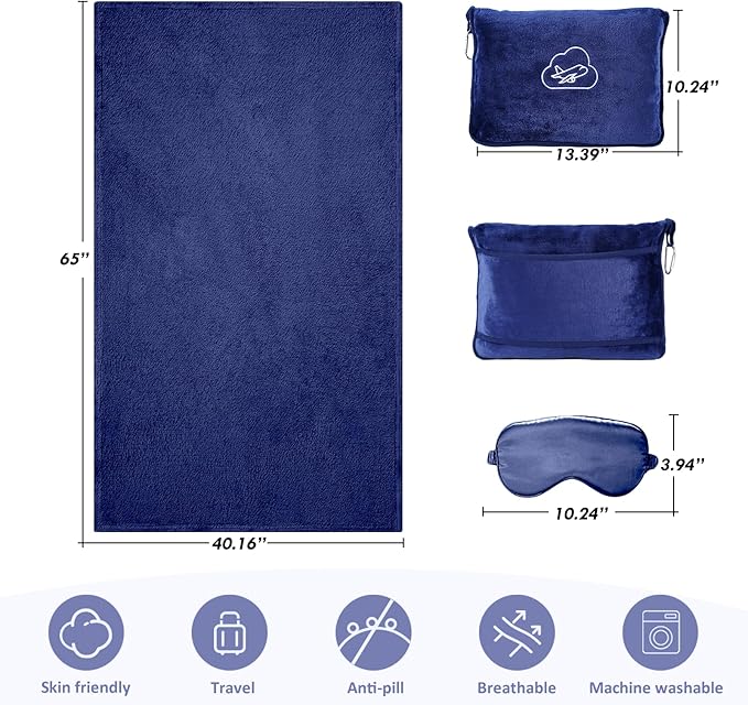 Travel Blanket, Ultra-Soft, Warm & Lightweight Travel Blanket Airplane with Bag, 65x40 in, Airplane Travel Essentials for Women, Men & Kids, Included Eye Mask, Luggage Sleeve & Backpack Clip