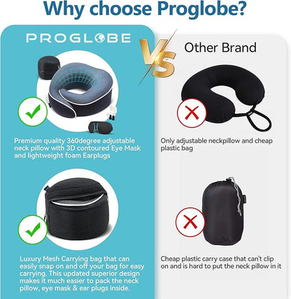 Proglobe Orthopedic Neck Pillow Travel Neck Pillows for Airplanes, Memory Foam Kit, Updated Resting Material, Airplane Travel Set with 3D Contoured Eye Masks, Earplugs, and Luxury Mesh Bag (Blue)