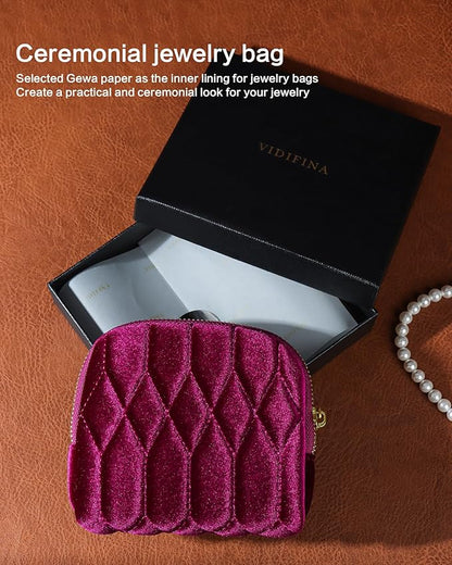 Small Travel Jewelry Case, Mini Travel Jewelry Bag with Zipper, 5-Layer Velvet Organizer Pouch for Bracelet Rings Earrings - Diamond Stitched Velvet Navy Blue