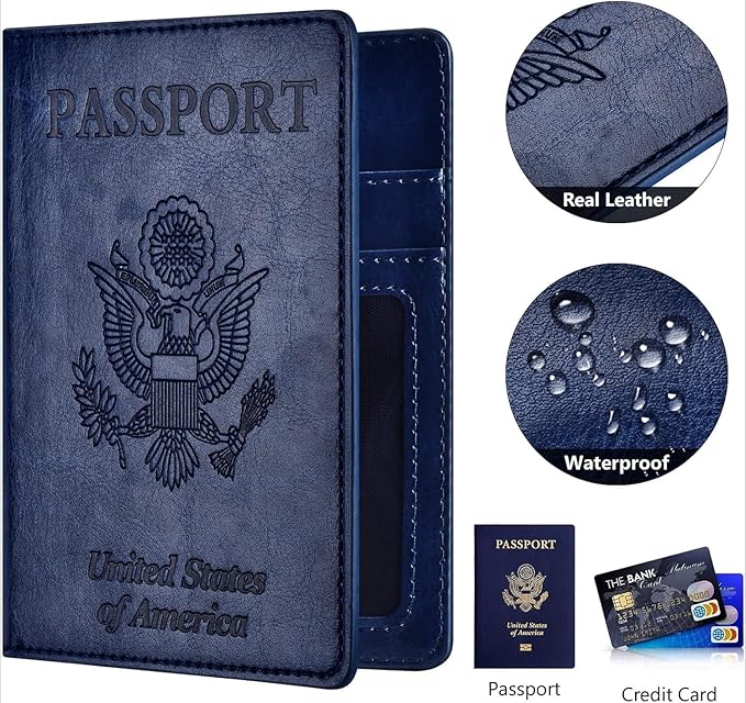 Real Leather Wallet RFID Family Passport Holder Waterproof Travel Black (Blue)