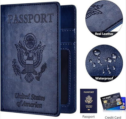 Real Leather Wallet RFID Family Passport Holder Waterproof Travel Black (Blue)