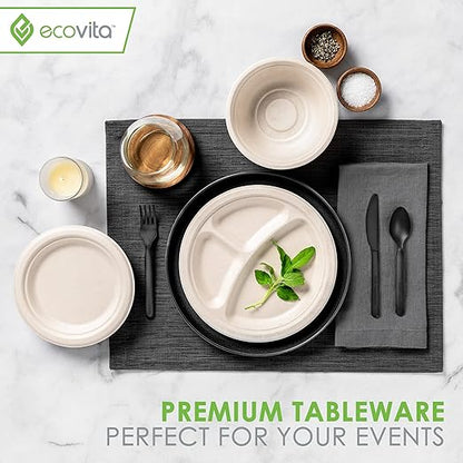 Ecovita 100% Compostable Forks Spoons Knives Cutlery Combo Set - 380 Large Disposable Utensils (7 in.) Eco Friendly Durable and Heat Resistant Alternative to Plastic Silverware with Convenient Tray