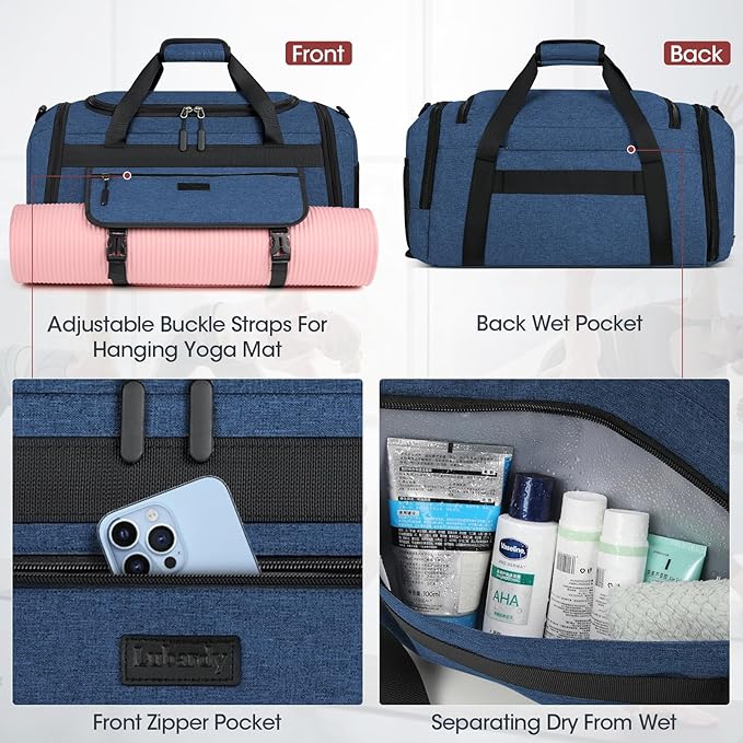 IGOLUMON Gym Bag for Men 55L Sports Duffel Bags Gym Duffle Bag Women with Shoe Compartment & Wet Pocket Water Resistant Travel Duffel Bag Lightweight Weekender Overnight Bag Blue