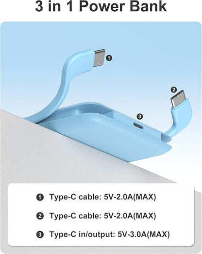 10000mAh Compatible with iPhone 15/16/17 and Android, Slim Portable Charger with Built in Cable, Power Bank Travel Charger External Battery Pack for Phone, 3 Output USB Type C Cord, Blue