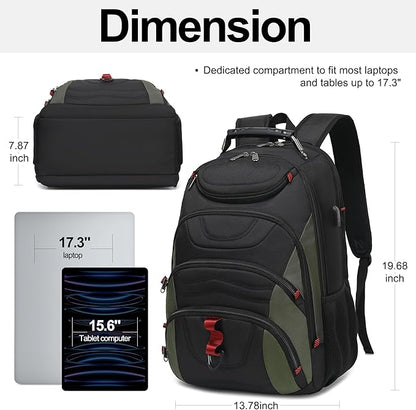 Boavan Laptop Backpack for men, 17.3 inch Laptop Bag with USB Port, Waterproof Travel Work Backpack Purse, Anti-Theft Teacher Nurse Doctor Casual Bookbags Office Business backpack，Black&Army Green
