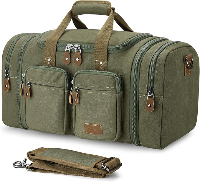 Gonex Canvas Duffle Bag for Travel, Expandable Water Resistant 50L Carry on Duffel Overnight Weekender Gym Bag with Wet Dry Separation Pocket & Suitcase Handle Sleeve, Army Green