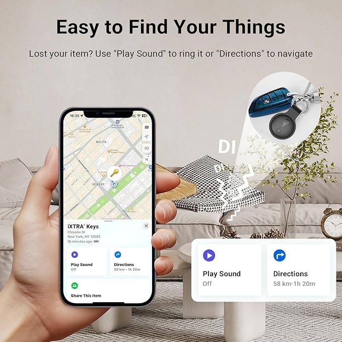 iXTRA New Air Tracker Tag-4Pack with Holder, Bluetooth Item Finder Work with Apple Find My APP (iOS Only), Easy Battery Replacement, Smart Keys Finder and Item Locator for Keys,Wallet,Pet (4 Black)
