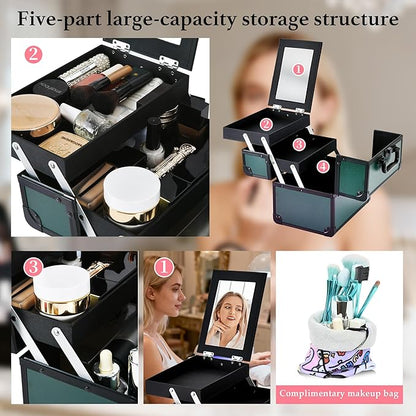 Makeup Train Case, Portable Makeup Case with Mirror, 2-Trays Cosmetic Organizer Case,Nail Polish Organizer, Travel Makeup Box, Profesional for Salon Barber, Green