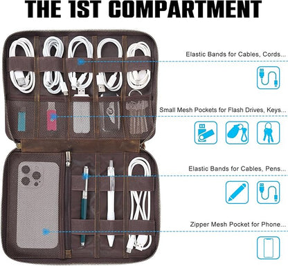 TIDING Leather Cable Electronics Organizer Case, Double Layer Travel Electronic Storage Bag for Charger, Cables, Phone, SD Card
