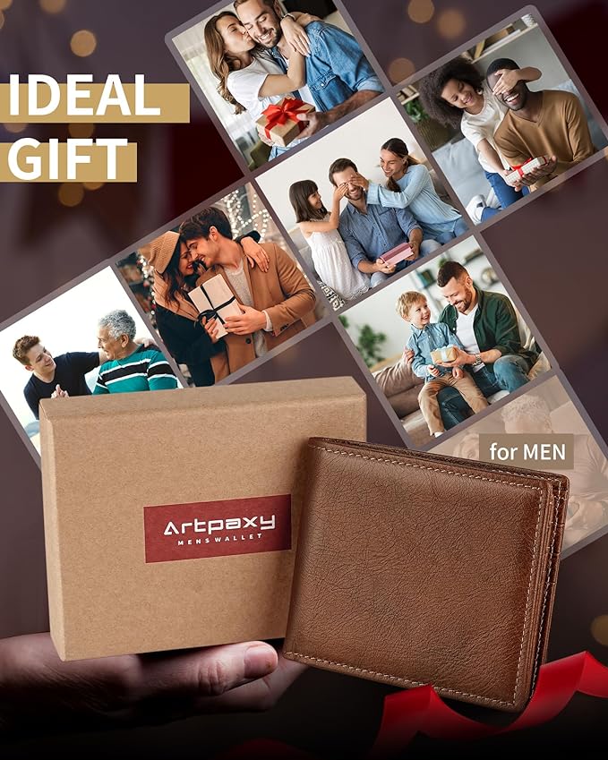 Mens Wallet Genuine Leather Bifold RFID Blocking Wallet for Men with 1 ID Window 13 Card Holders 2 cash pockets 1 Gift Box