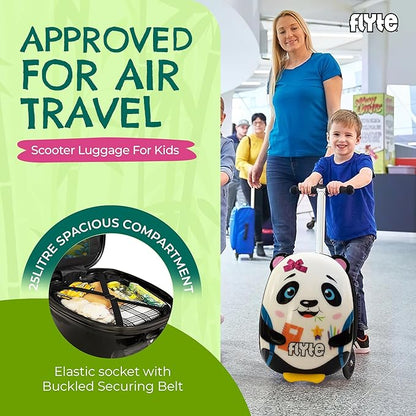 FLYTE Scooter Suitcase Folding Kids Luggage – Penni the Panda, 18 Inch Hardshell, Ride On with Wheels, 2-in-1, 25 Litre Capacity