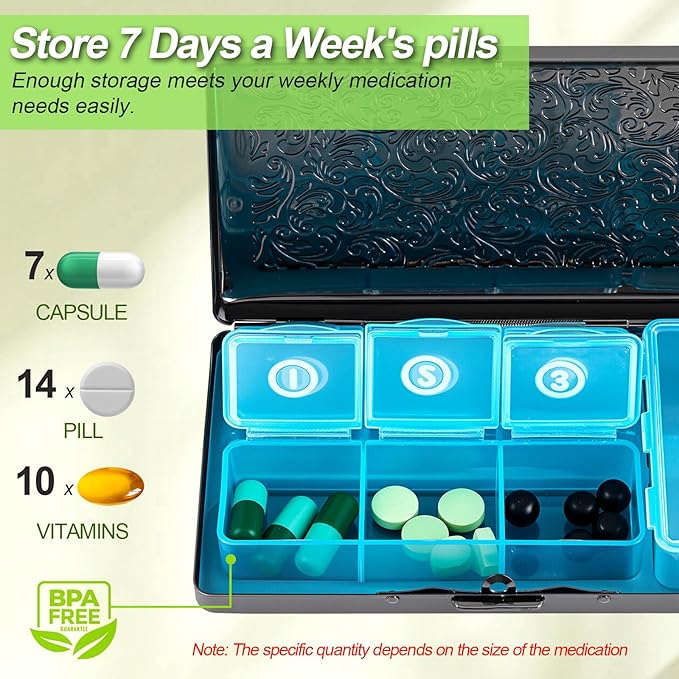 Pill Organizer, Pill Box 7 Day/Metal Travel Pill Case, BPA Free. (Black)