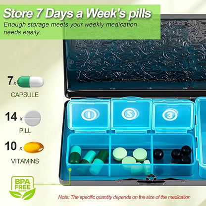 Pill Organizer, Pill Box 7 Day/Metal Travel Pill Case, BPA Free. (Black)