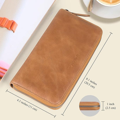 VISOUL Leather Long Zipper Pouch Wallet for Men and Women with RFID Blocking, Large Clutch Cash Long Wallet with Zipper (Tan)