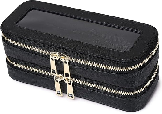 Pinkmik Double Layer Makeup Bag Makeup Brush Case Waterproof Travel Cosmetic & Toiletry Bag Purse Organizer and Car Essentials for Women (Black, Double SLIM)