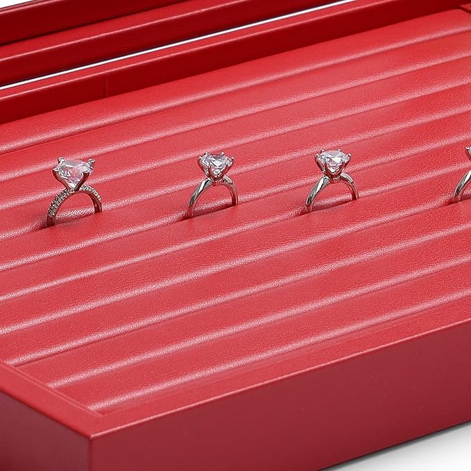Oirlv Luxury Leather Rings Earrings Organizer Tray with Clear Lid Jewelry Display Box with Acrylic Lid Stackable Jewelry Box Drawer Inserts