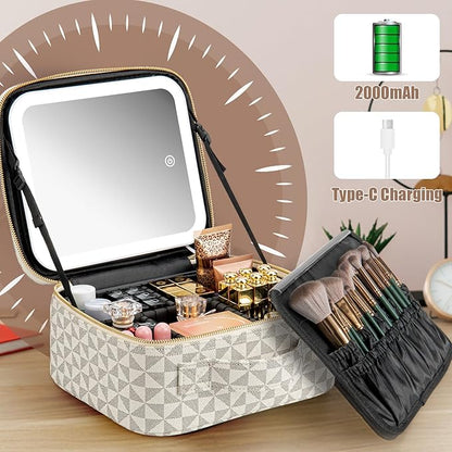 Makeup Travel Train Case with Mirror LED Light 3 Adjustable Brightness Large Cosmetic Bag Portable Storage Adjustable Partition Waterproof Makeup Brushes Make up Jewelry Gift for Women