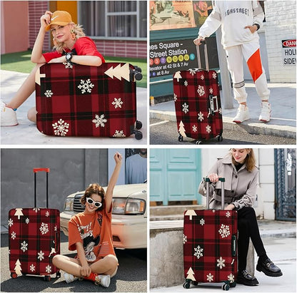 ANNA QUEEN Christmas Plaid Luggage Cover, Red and Black Check Suitcase Protector with Snowflake and Tree Pattern, Stretchable Washable Travel Sleeve for 32-34 Inch Luggage