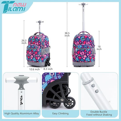 NEW TILAMI 18 Inch Rolling Backpack with Wheels for Girls Boys Kids Laptop Backpack School Travel, Pink Love key