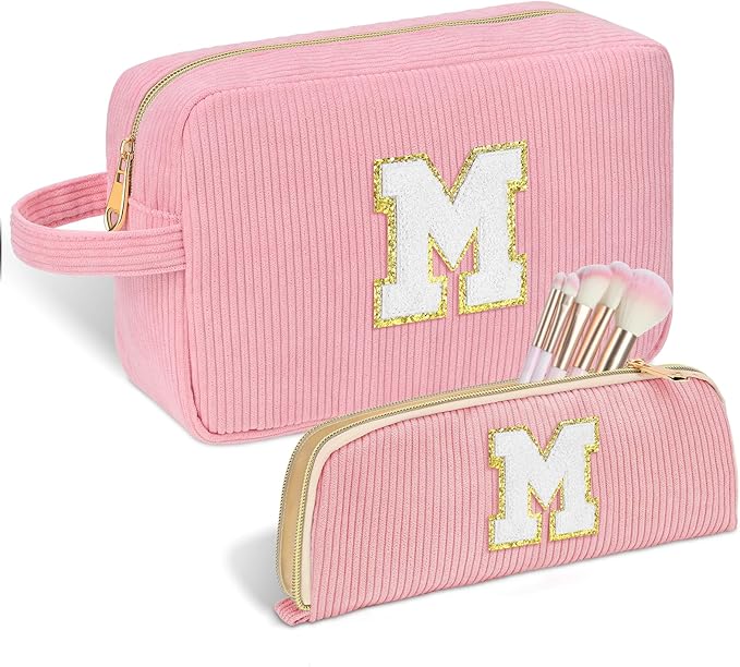 Personalized Initial Makeup Bag Trendy Stuff Corduroy Cosmetic Bag Travel Toiletry Bag for Women, Christmas/Thanksgiving/Halloween Gifts Makeup Organizer Case for Teen Girls Mom Girlfriend Wife - Pink