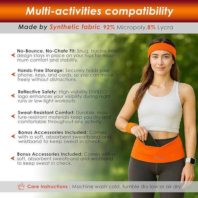 Reflective Running Belt Set – Sweat-Resistant Fanny Pack for Women & Men with Sweatband & Wristband – Phone Holder Waist Pouch for Gym, Travel, Marathon – S/M/L Sizes (Orange, Small)