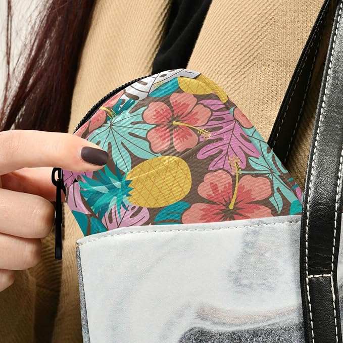 Fustylead Hibiscus Pineapple and Tropical Leaf Travel Pill Organizer Bag with Zipper Small Pill Box 7 Day Pill Case for Purse Storage Weekly Vitamin Medicine Supplement