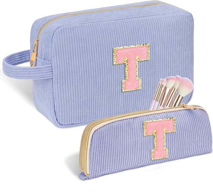 Personalized Initial Makeup Bag Trendy Stuff Corduroy Cosmetic Bag Travel Toiletry Bag, Christmas/Thanksgiving/Halloween Gifts Makeup Organizer Case for Women Girls Mom Girlfriend Wife - Blue