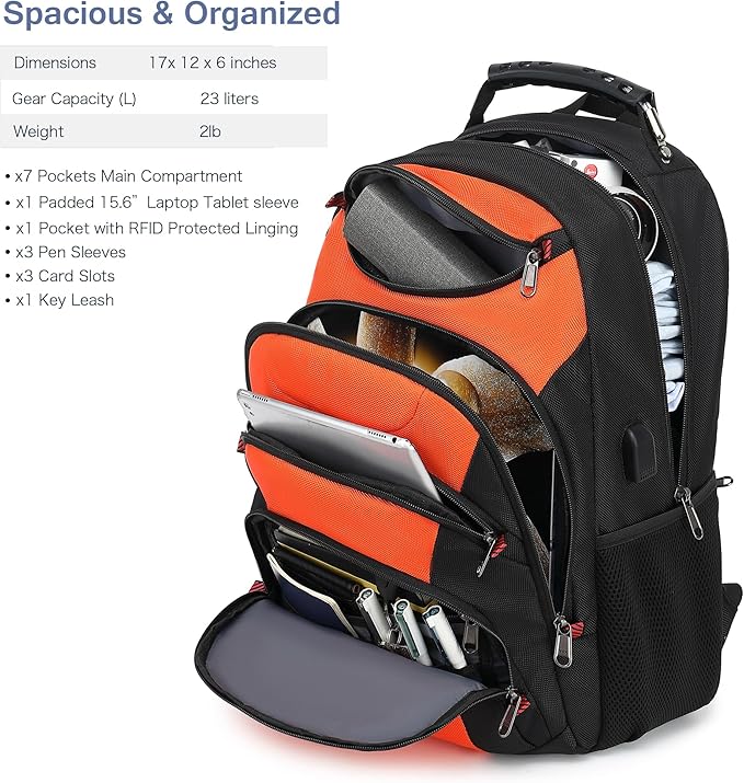 Boavan Laptop Backpack for men, 15.6 inch Laptop Bag with USB Port, Waterproof Travel Work Backpack Purse, Anti-Theft Teacher Nurse Doctor Casual Bookbags Office Business backpack，Orange Black