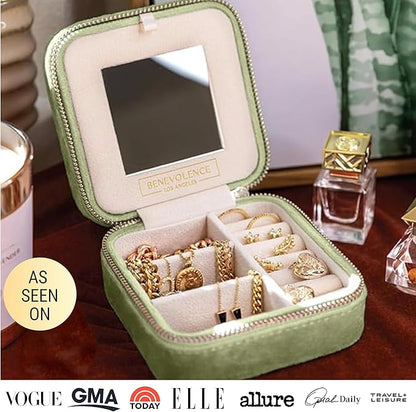 Benevolence LA Plush Velvet Jewelry Box | Travel Jewelry Case Organizer with Mirror | Featured in Oprah's Favorite Things | Best Gifts For Daughter, Girlfriend, Mom | Gifts For Her - Mistletoe Green